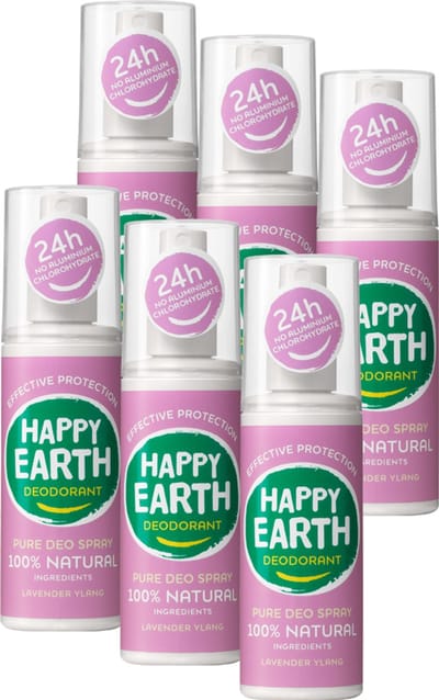 Happy Earth Bundel Deodorant Spray Lavender Ylang - 100% Natuurlijke Ingrediënten - 24 uur Bescherming – Aluminiumvrij – Alcoholvrij – Microplasticvrij - Vegan - 6 x 100mL - Voordeelverpakking