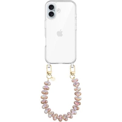 xoxo Wildhearts siliconen hoesje - Geschikt voor iPhone 17 hoesje - Funky Hearts (Champagne Pearl) - Telefoonhoesje - Hoesje met koord - Champagne / Beige koord - kort telefoonkoord - Hartjes ketting - Transparant hoesje