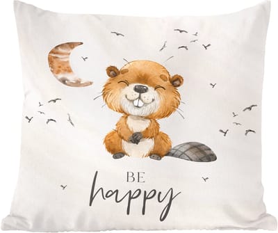 Kussen kinderkamers - Kamer decoratie - Quotes - Be happy - Kinderen - Maan - Bever - Waterverf - 60x60 cm - Kussen voor kids