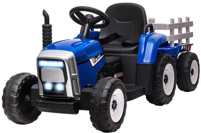 Elektrische Kinderauto met Aanhanger - Kindertractor - 12V Accu - tot 6 km/u - Kinderen 3-6 jaar - met Afstandsbediening en Verlichting - Claxon & Muziek - Accuvoertuigen - Blauw