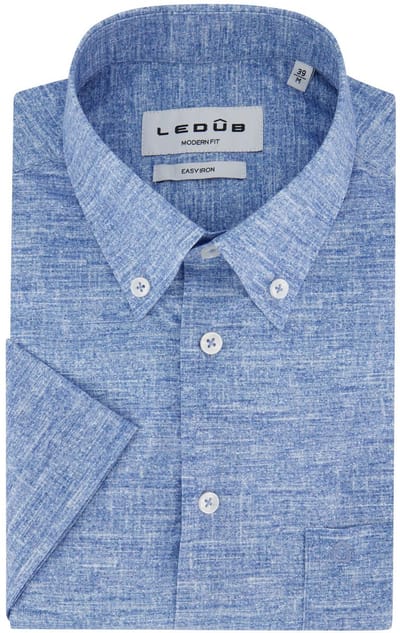 Korte mouw blauw gemeleerd Ledub Modern Fit overhemd