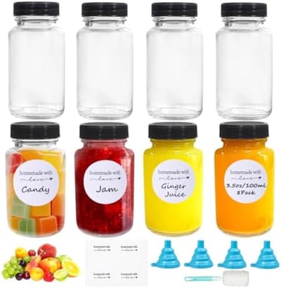 PromoHome 8 Stuks Glazen Flessen Set met Deksels - 100 ml Mini Shotflesjes om te Vullen - Luchtdichte Opbergflesjes voor Dranken, Sauzen en Oliën - Inclusief Trechter, Etiketten en Borstel