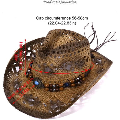 Chapeau de cowboy en paille pour homme et femme, chapeau de soleil respirant à large bord avec bordure perlée brown