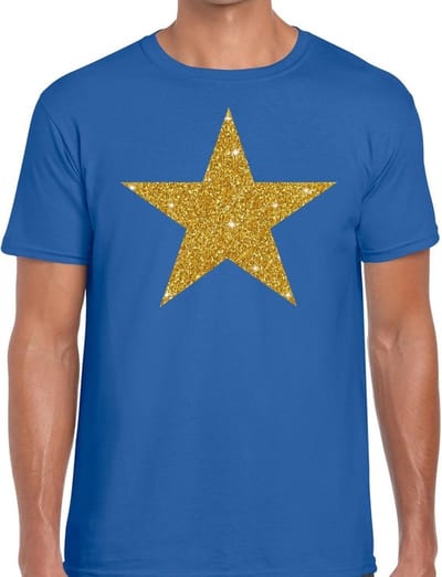 Glitter and Glamour Ster - goud - feestkleding t-shirt - blauw - voor heren - Bling Bling - verkleedkleding S