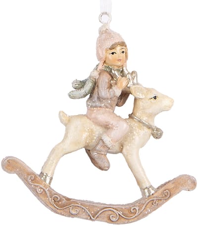 Clayre & Eef Kersthanger Hobbelpaard 8x3x9 cm Beige Roze Kunststof