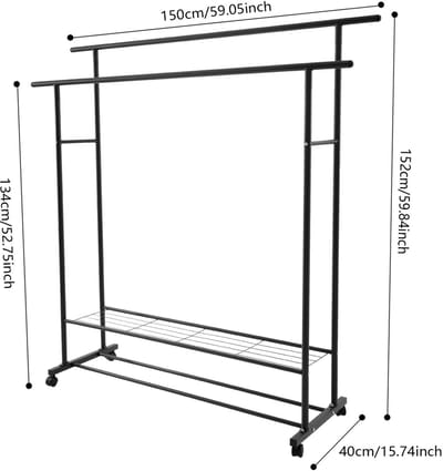 Allero Kledingrek - Kledingrek op Wieltjes - Kledingrek IJzer - Zwart - 150 centimeter - Dubbele Ophangstang - 4 Wieltjes