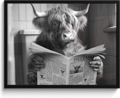 Poster in lijst - Fotolijst 80x60 cm - Posters - Schotse hooglander - Koe - Krant - WC - Zwart wit - Posterlijst zwart - Wanddecoratie badkamer - Muurdecoratie WC - Decoratieve accessoires - Toilet muur decoratie