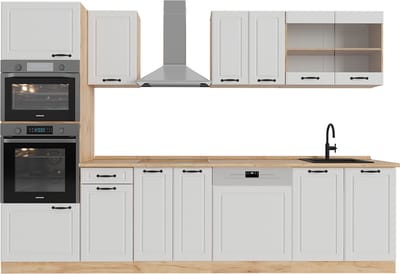 Vicco R-Line Complete keukeneenheid – 300 cm met hoge kast, zonder werkblad Wit landhuis/gouden eik