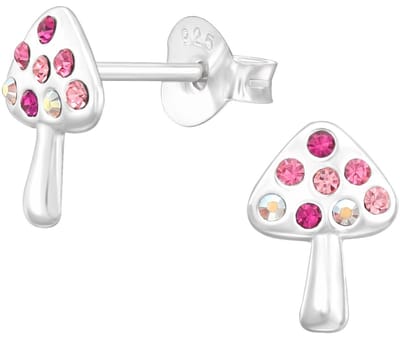 Joy|S - Zilveren paddenstoel oorbellen - zilver met roze kristalletjes - 6.5 mm x 9 mm