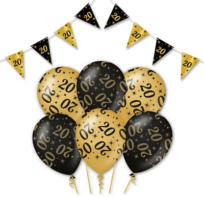 Q2P - 20 Jaar - Slingers - Ballonnen - Zwart & Goud Set - Verjaardag Versiering - Helium Ballon