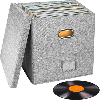 Vinyl Opbergdoos voor 7 en 12 inch Platen - Opvouwbaar en Draagbaar met Ruimte voor 90 Vinyls - Grijze Vinylbewaarbox