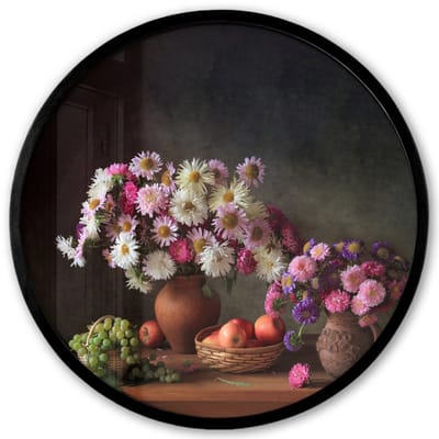 Poster in lijst Rond - Fotolijst 40x40 cm - Posters - Bloemen - Fruit - Stilleven - Roze - Ronde posterlijst zwart - Decoratie - Wanddecoratie woonkamer - Muurdecoratie slaapkamer