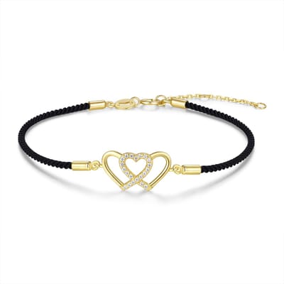 New Bling 9NB-1708 – Zilveren macramé armband zwart – Hartjes – Goudkleurig/Zwart – 925 zilver – Verstelbaar 16+2 cm