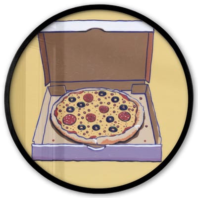 Poster in lijst Rond - Fotolijst 40x40 cm - Posters - Pizza - Doos - Salami - Illustratie - Ronde posterlijst zwart - Decoratie - Wanddecoratie woonkamer - Muurdecoratie slaapkamer
