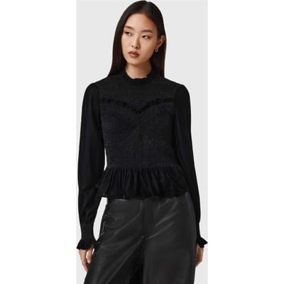 AllSaints Juno Shirred Top Velvet Black Taglia: 4 | Maglie a manica lunga Outlet | Donna | Nero