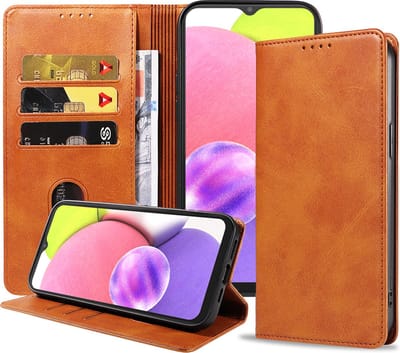 Smartphonica Samsung Galaxy A03s leren hoesje met magnetische sluiting en pashouders – Bruin geschikt voor Samsung Galaxy A03S