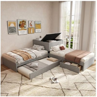 Lit d'angle, deux lits simples avec tiroirs de rangement, avec lit gigogne, 90x200 cm, sans matelas, lin, gris grijs