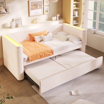 MODFU Ledikant 90x200 cm – beige fluweel – uitschuifbaar naar 180x200 cm met LED