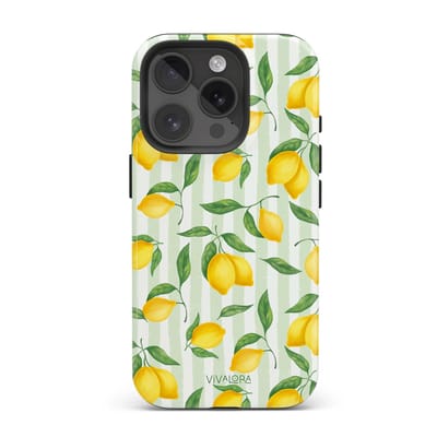 VivaLora Tough Telefoonhoesje iPhone 15 Pro met MagSafe - Citrus Stripes Print - 2-in-1 Phone Case - Hard Case & Siliconen Back - Citroenen Dessin - Extra Bescherming - Shockproof - Geel/Groen