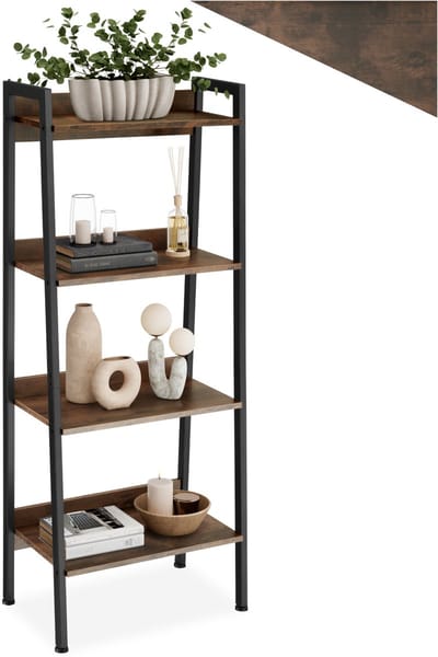 tectake® Ladderrek met 4 Houten Planken - Industrieel Design - Zwart Metalen Frame - Boekenrek - Wandrek - Open Planken - Moderne Interieur (Industrial Dark Brown, 57,5 x 34 x 138 cm)