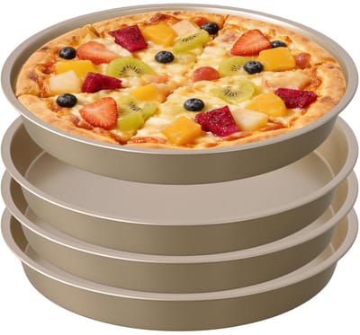 Inovra- Pizzabakplaat 25 cm - Ronde Bakplaat - Duurzaam Koolstofstaal - Antiaanbaklaag - Set van 4 - Stabiele Onderkant - Taartpan