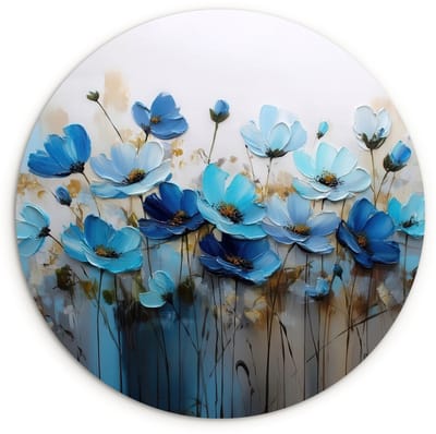 WallCircle® Wandcirkel 120x120 cm - Muurcirkel Bloemen - Schilderij - Blauw - Muurdecoratie woonkamer - Wanddecoratie slaapkamer - Kamer decoratie accessoires - Ronde schilderijen XXL