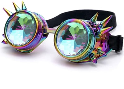 KIMU® Goggles Steampunk Bril Met Spikes - Oliekleurig Montuur - Caleidoscoop Glazen - Regenboog Olie Spacebril Space Caleidoscope Festival