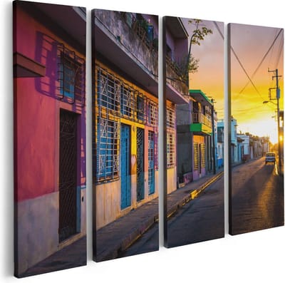 Artaza Canvas Schilderij Vierluik Cuba Kleurrijke Huisjes bij Zonsondergang - 80x60 - Foto Op Canvas - Canvas Print