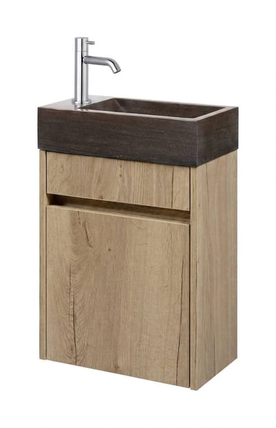 Saqu Florence fonteinmeubel eiken marcato incl. natuurstenen fontein en chromen kraan links
