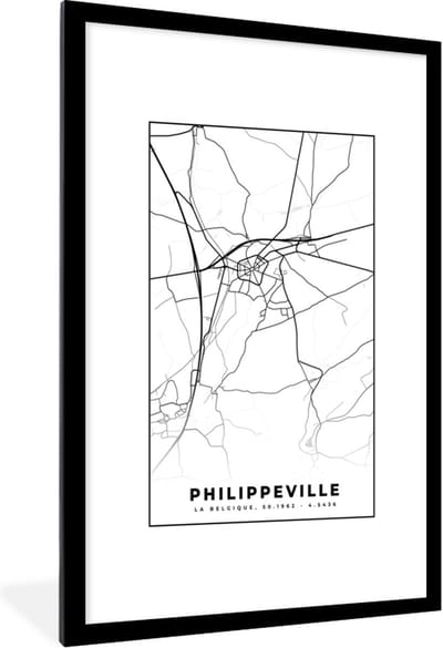 Fotolijst incl. Poster Zwart Wit- Zwart Wit – België – Plattegrond – Stadskaart – Kaart – Philippeville - 80x120 cm - Posterlijst