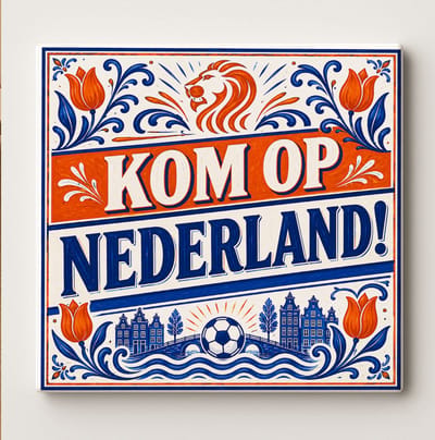Kom Op Nederland Voetbaltegel – Nederlands Supporter Design met Oranje Leeuw, Voetbal, Tulpen en Delfts Blauwe Stijl – Decoratieve Keramische Cadeautegel