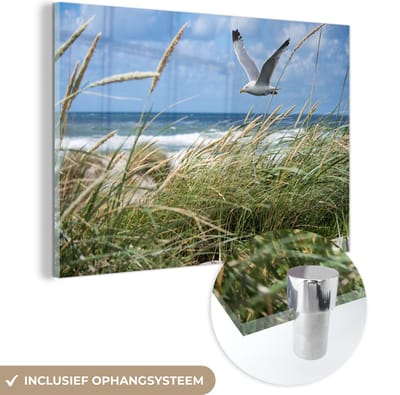MuchoWow® Glasschilderij 120x80 cm - Schilderij acrylglas - Strand - Vogel - Planten - Foto op glas - Muurdecoratie woonkamer - Wanddecoratie slaapkamer - Schilderijen