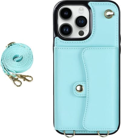 Hoesje geschikt voor iPhone 12 - Backcover - Koord - Pasjeshouder - Portemonnee - Kunstleer - Lichtblauw