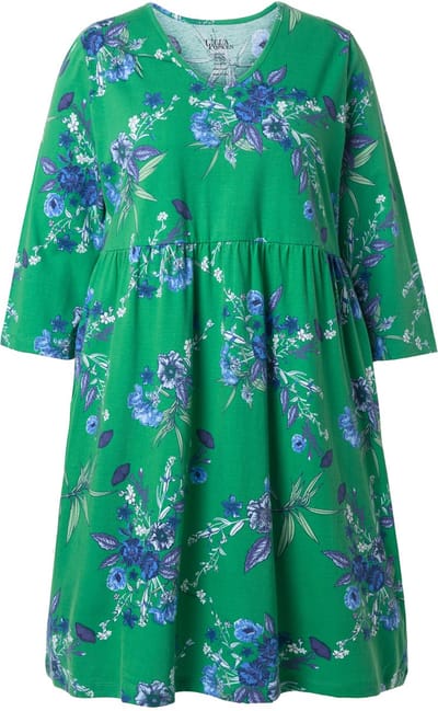 Ulla Popken - Dames - Jersey jurk bloemen A-lijn V-hals 3/4-mouwen - Zomergroen - Maat 46+