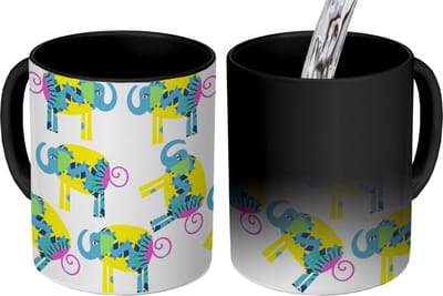 Magische Mok - Foto op Warmte Mokken - Koffiemok - Olifant - Geel - Ornament - Patronen - Magic Mok - Beker - 350 ML - Theemok