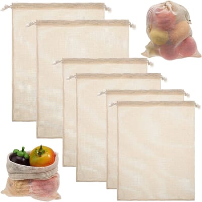 Herbruikbare Katoenen Fruit- en Groenten Netten, Wasbare Mesh Tassen met Trekkoord, Set van 6 in 3 Maten voor Duurzaam Winkelen en Opslag
