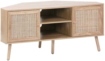 sweeek - Hoek-tv-meubel in houtdecor en rotan, 2 deuren, 1 plank, 115 cm