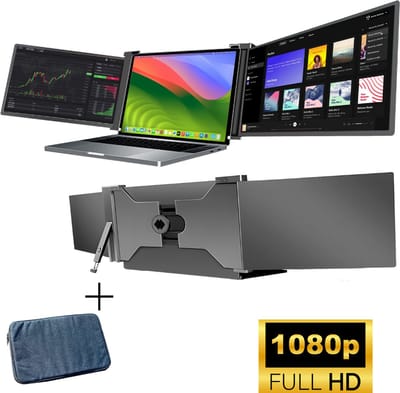 HoriVue Portable Monitor Max 15.6 Inch - Triple Screen - Full HD 60Hz - Draagbare Monitor - Extra Scherm Laptop - Laptop Scherm Uitbreider - Plug & Play - Geschikt voor Apple en Windows - Inclusief Beschermhoes - Tri Screen