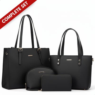 Boncy® Luxe Handtassen Set Dames - Tassen met rits Inclusief Handtas Shopper Schoudertas Etui & Portemonnee clutch - Schooltassen Klein en Groot - School Shoppers Tas - Damestas Schooltas van Synthetisch Leer Zwart