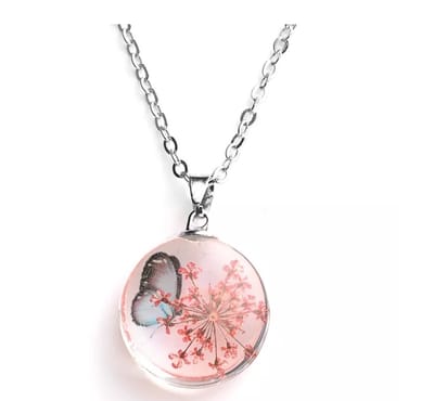 EmmyRovi Bloemen Ketting Dames – Ketting met Echt Gedroogd Bloemetje – Zilverkleurige Ketting