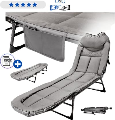Opvouwbaar Veldbed 190x63x30 cm - Campingbed met Verstelbare Rugleuning en Stalen Frame - Compact Logeerbed Camp Bed Reisbed voor Kamperen Outdoor Tuin en Logees - Belastbaar tot 100 kg Grijs Zwart Met Ebook