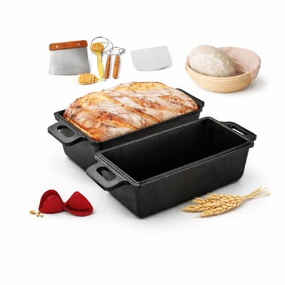 MIRO® Broodbakbol 2-in-1 - Broodpan Gietijzer - 17-delig - 25 cm - Voor Zuurdesem & Ambachtelijk Brood - Inclusief Receptenboek - Zwart