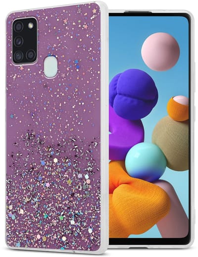 Cadorabo Hoesje geschikt voor Samsung Galaxy A21s in Paars met Glitter - Beschermhoes van flexibel TPU silicone met fonkelende glitters Case Cover Etui