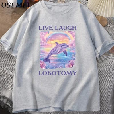Live Lachen Lobotomie T Dames Shirt Grappig Dolfijn Meme T-shirt Sillig Vreemd Korte Mouw T-shirt 3D Geprint T-shirt Tops M gray