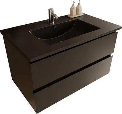 LOMAZOO Badkamermeubel Mat zwart 80 cm cm [MARENZA] - Wastafelonderkasten - Wastafel Zwart - Wastafel Keramiek - Badkamerkast Zwevend