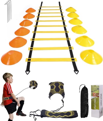 VIN® Voetbal trainingsmateriaal - Speedladder - Voetbal Trainer Solo Training - 1 x 6 Meter Vaardigheidsladder - 12 Disc Kegels - Snelheid en Behendigheid Trainingsspellen - Loopladder