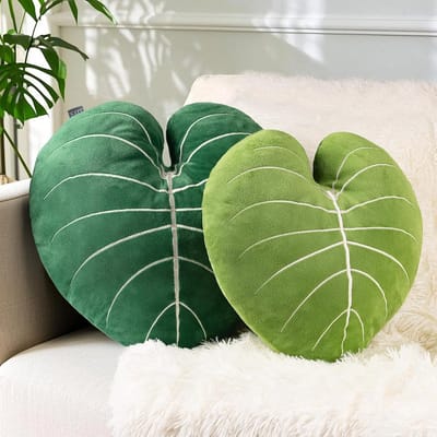 Set van 2 Grote 3D Blad Sierkussens - Zachte Pluche Kussens in Alocasia Frydek Stijl (Licht & Donkergroen)