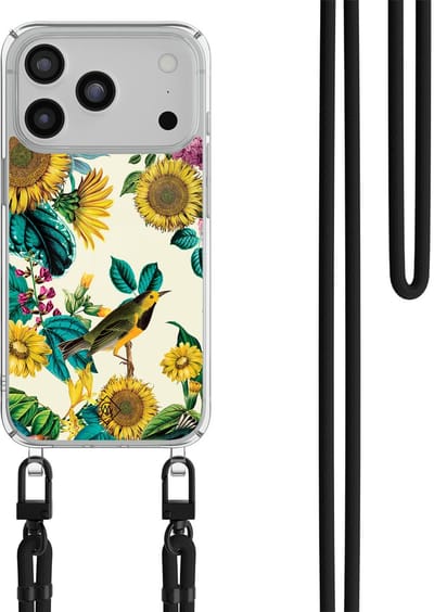 Casimoda® hoesje met zwart koord - Geschikt voor iPhone 17 Pro - Zonnebloemen / Bloemen - Afneembaar koord - TPU/polycarbonaat - Multi