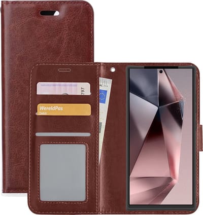 Hoesje - Met Pasjeshouder - Geschikt voor Samsung Galaxy S24 Ultra - Luxe Bookcase Portemonee - Flip Case - Kunstleer Book Case - Flipcase - Book Cover - Walletcase - Portemonneehoes - Bruin