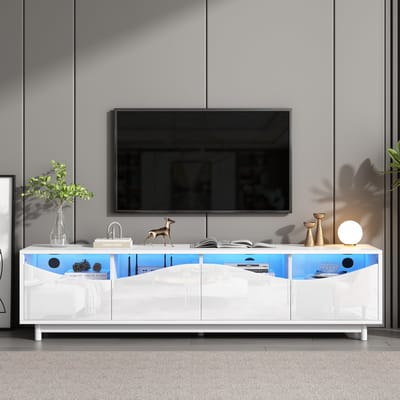 Sweiko TV meubel - Gebogen ontwerp - Hoogglans - Glazen deuren - LED-verlichting - Wit